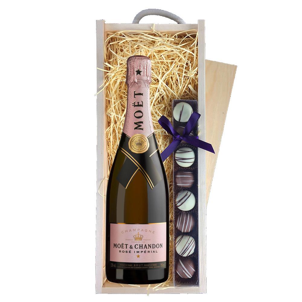 Moet & Chandon Rose Champagne 75cl & Truffles, Wooden Box